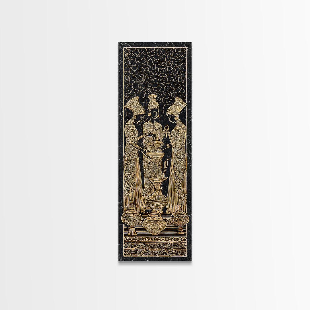 Golden African Women Ritual Wall Art, Ancient Egyptian Inspired Black Gold Canvas, Afrocentric Decor, Tribal Ceremony Print