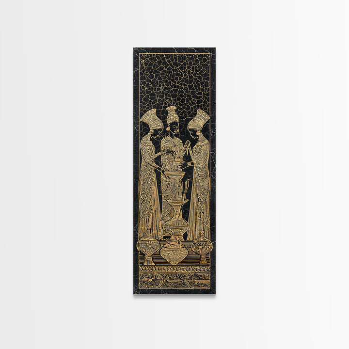 Golden African Women Ritual Wall Art, Ancient Egyptian Inspired Black Gold Canvas, Afrocentric Decor, Tribal Ceremony Print