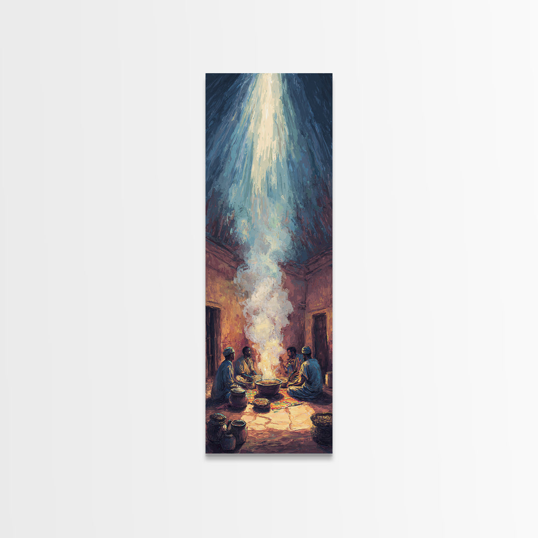 African Gathering With Sacred Steam Canvas Print, Ceremonial Light, Afrocentric Wall Decor, Spiritual Tribal Room Artwork