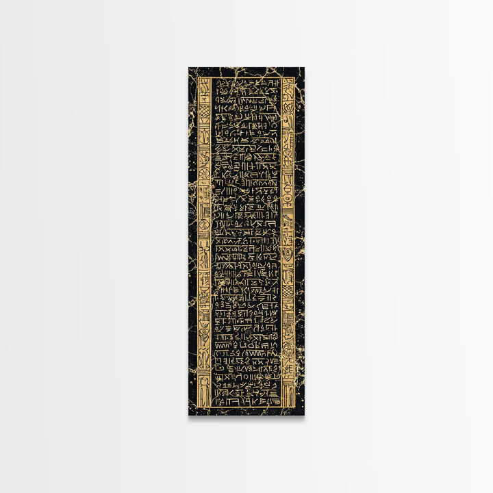 Black And Gold Ancient Glyph Tablet Framed Canvas Print, African Inspired Wall Decor, Tribal Pattern, Cultural Home Decor