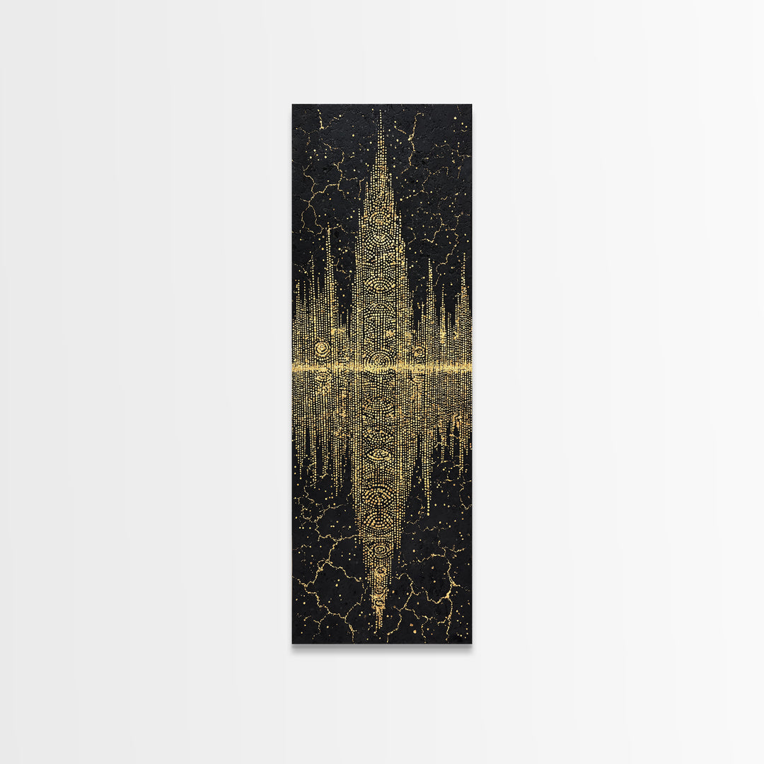 Golden Futuristic Totem Skyline Wall Art, African Abstract Black Gold Decor, Modern Canvas Art, Statement Living Room Print