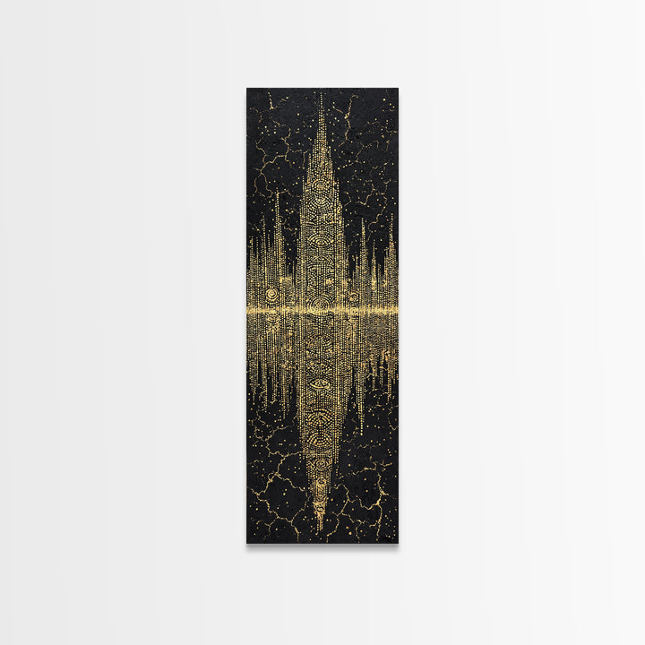 Golden Futuristic Totem Skyline Wall Art, African Abstract Black Gold Decor, Modern Canvas Art, Statement Living Room Print