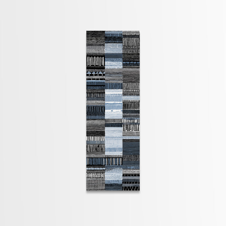 Blue Black Woven Textile Canvas Print, African Fabric Pattern, Minimalist Wall Art, Modern Boho Office And Home Decor Print