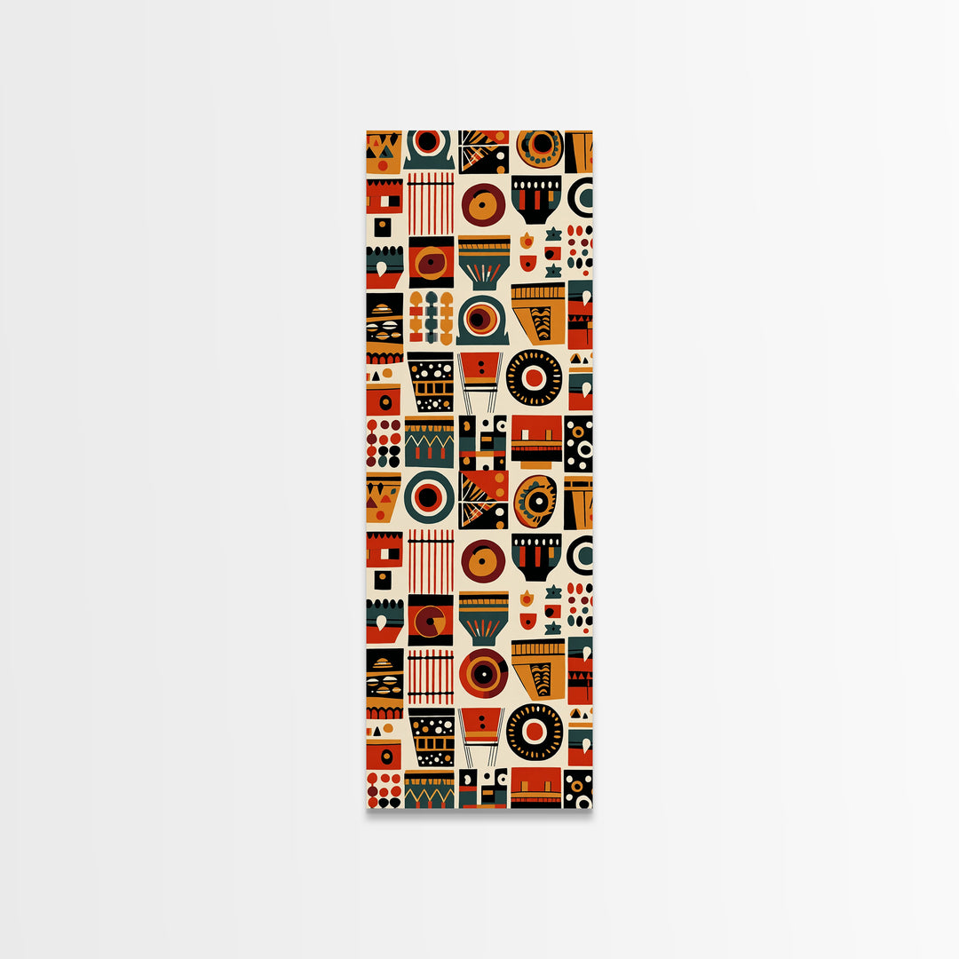 Orange Black African Symbols Wall Art, Tribal Mask Inspired Geometric Pattern, Afrocentric Canvas Print, Bold Home Decor