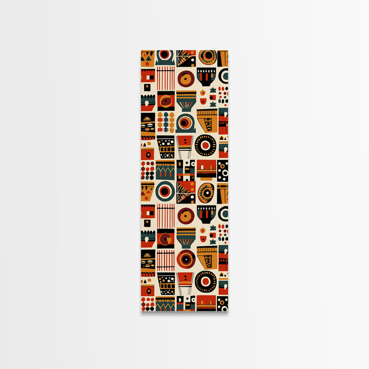 Orange Black African Symbols Wall Art, Tribal Mask Inspired Geometric Pattern, Afrocentric Canvas Print, Bold Home Decor
