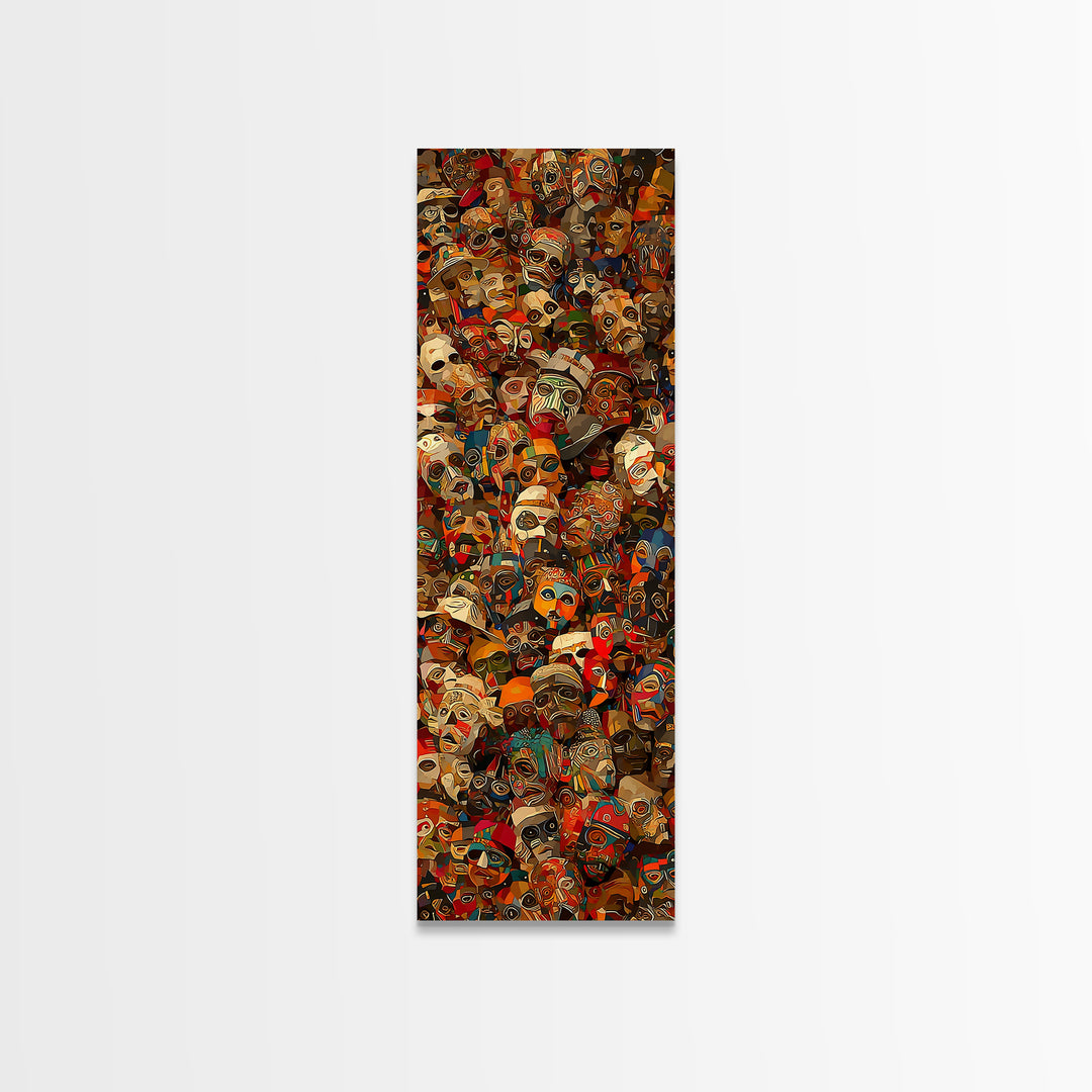 Dense Collage Of African Masks Wall Art, Tribal Faces Canvas, Afrocentric Culture Decor, Maximalist Black Artwork Print For Home