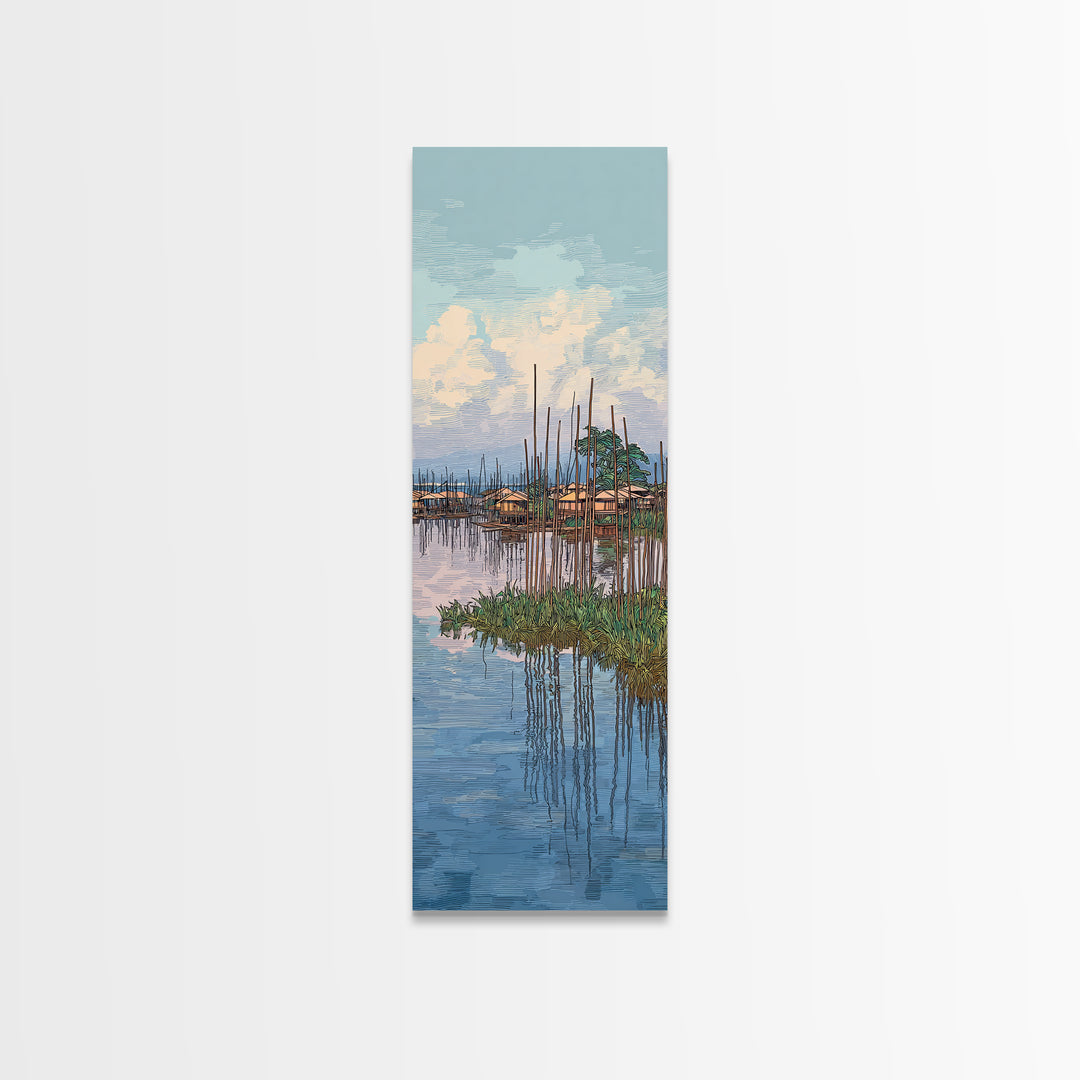 Peaceful African Lake Village Wall Art, Blue Water Landscape Canvas Print, Coastal Home Decor, Serene Travel Art Gift For Living Room