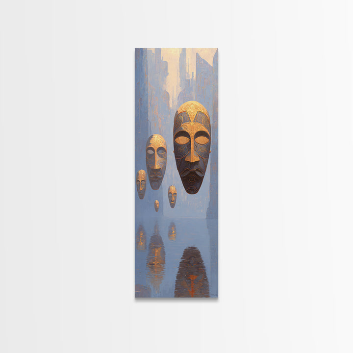 Floating African Mask Spirits Wall Art, Surreal Blue Gold Canvas Print, Afrocentric Tribal Decor, Mystical Culture Art Gift