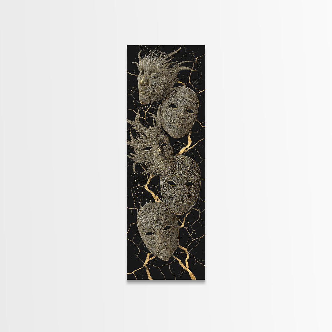 Gold Tribal Masks On Black Kintsugi Wall Art, African Mask Art, African Tribal Decor, Afrocentric Wall Decor, Luxury Canvas Print