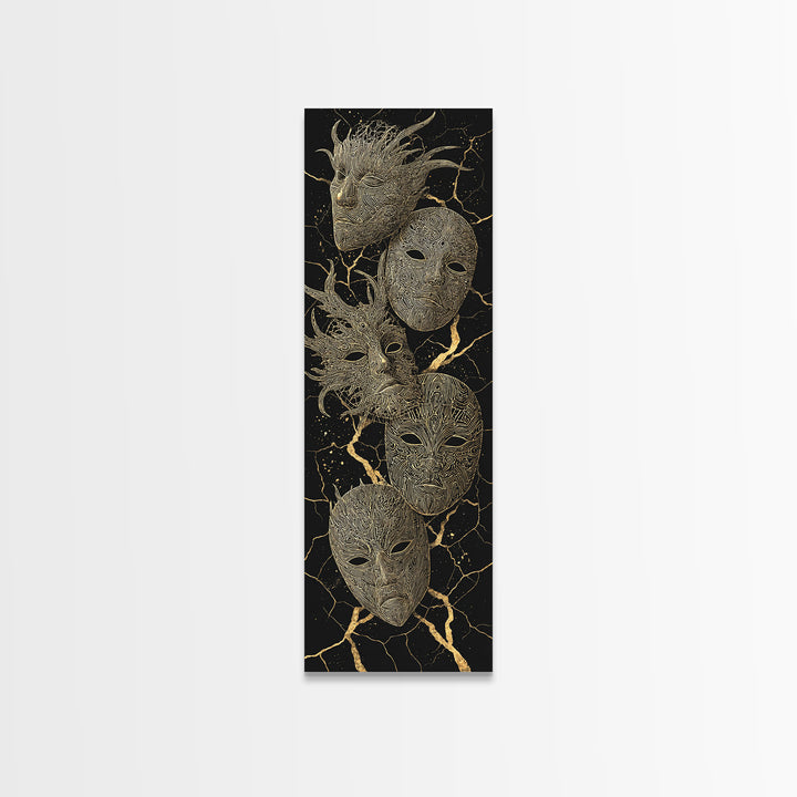 Gold Tribal Masks On Black Kintsugi Wall Art, African Mask Art, African Tribal Decor, Afrocentric Wall Decor, Luxury Canvas Print