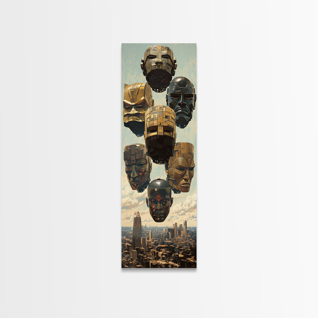 Futuristic Gold And Black Masks Wall Art, Afrofuturism Decor, Modern African Art, Urban Wall Decor, Unique Canvas Print Gift