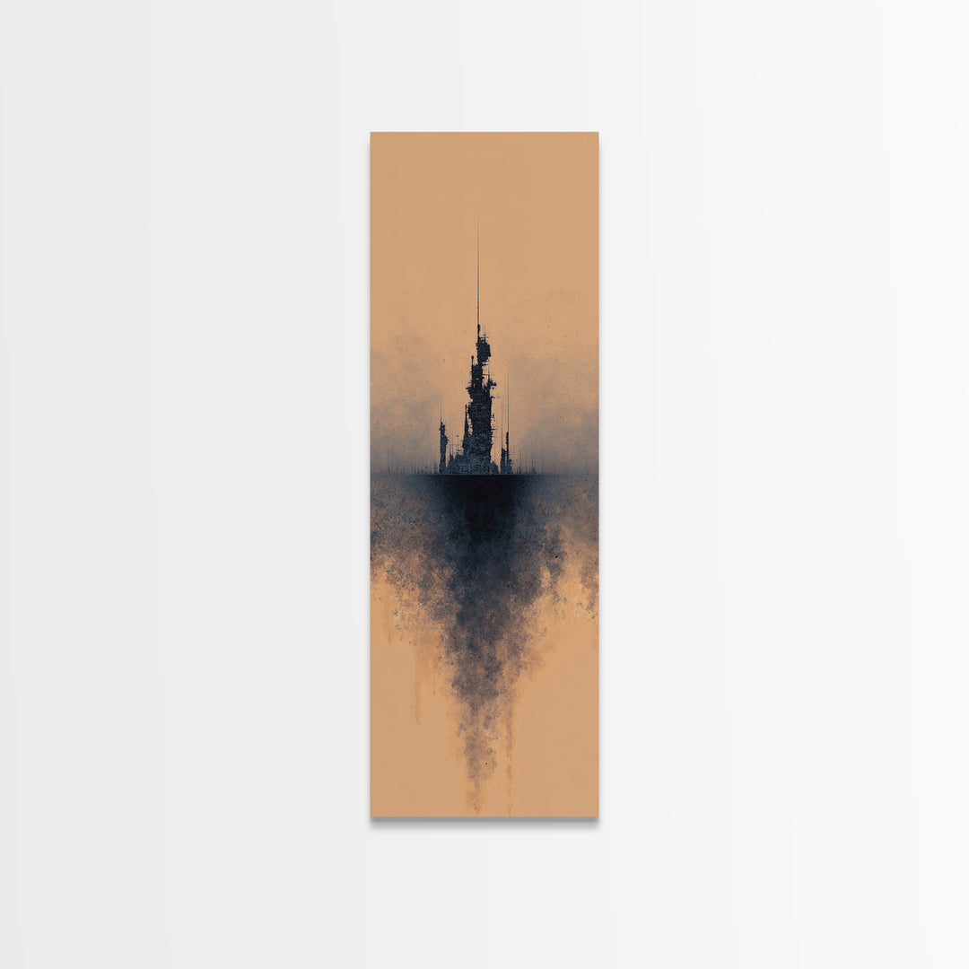 Misty Black Spire On Terracotta Canvas Print, Dreamy Wall Art, Minimalist Decor, Modern Canvas Art, Gothic Office Decor Art