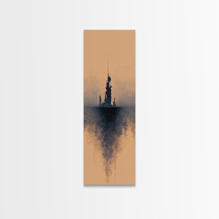 Misty Black Spire On Terracotta Canvas Print, Dreamy Wall Art, Minimalist Decor, Modern Canvas Art, Gothic Office Decor Art