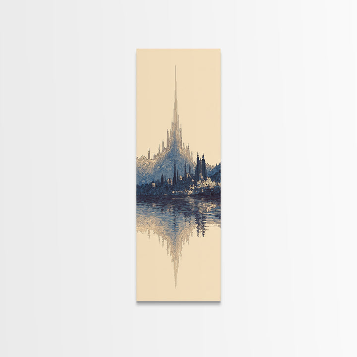 Blue Fantasy Spire City Framed Canvas Print, Dreamy Wall Art, Modern Canvas Art, Elegant Home Decor, Large Statement Wall Decor