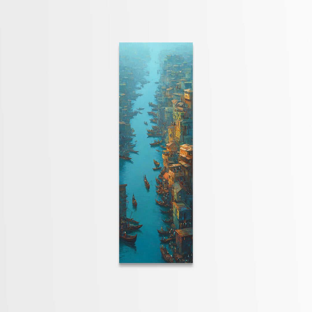 Teal Canal City With Boats Wall Art, Coastal Travel Decor, Blue Orange Painting, Large Canvas Print, Unique Home Decor Gift