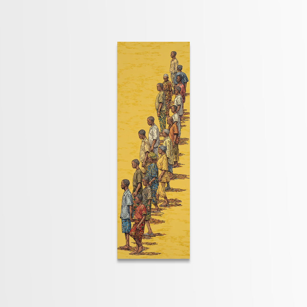 Long Line Of African People On Golden Sand Wall Art, Cultural Art Print, African Women And Men Canvas Print, Diaspora Decor