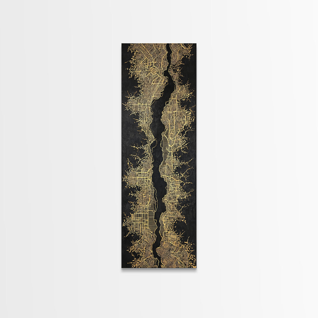 Black And Gold Abstract City Map Wall Art, Geometric Wall Art, Modern Black Art, Luxury Canvas Print, Statement Home Decor