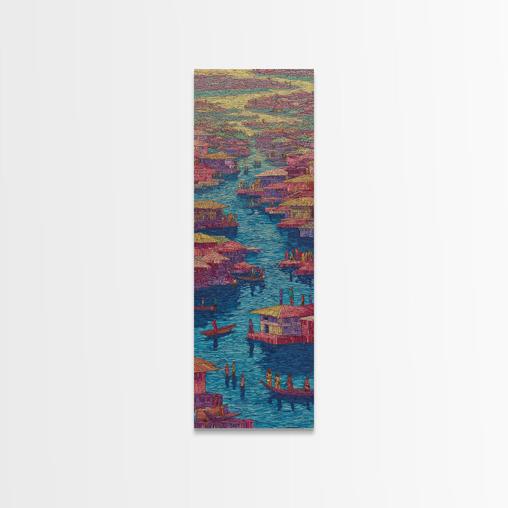 Colorful Pink African River Village Wall Art, Boats And Waterfront Homes, African Prints, Vibrant Cultural Canvas Print, Decor