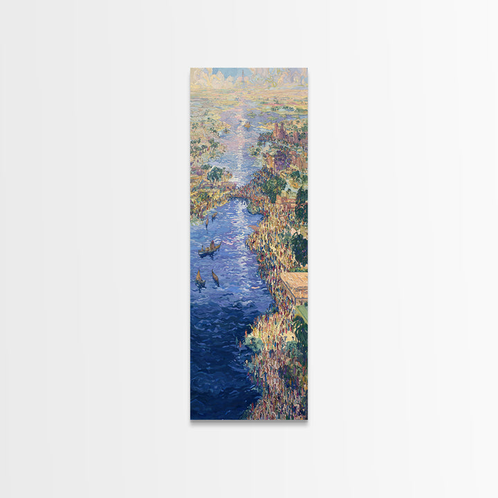 Sunlit African River Crowd Wall Art, Blue Water Boats, Cultural Cityscape, Afrocentric Decor, African Painting Canvas Print