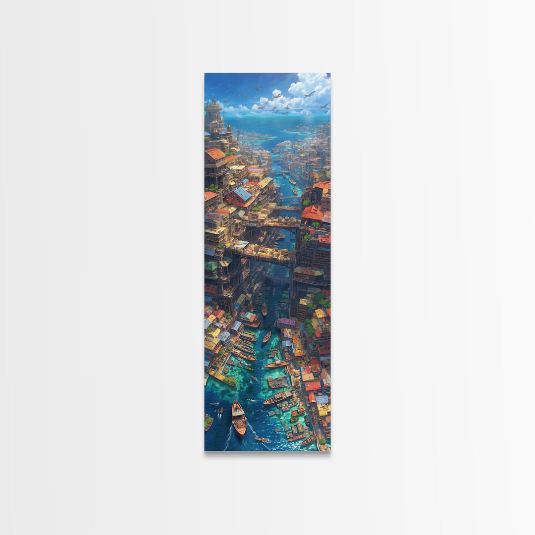 Fantastical African Canal City Wall Art, Boats Bridges And Coastal Skyline, Modern African Art, Statement Canvas Print, Decor
