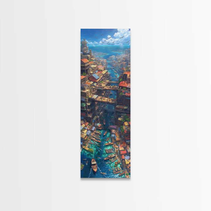 Fantastical African Canal City Wall Art, Boats Bridges And Coastal Skyline, Modern African Art, Statement Canvas Print, Decor