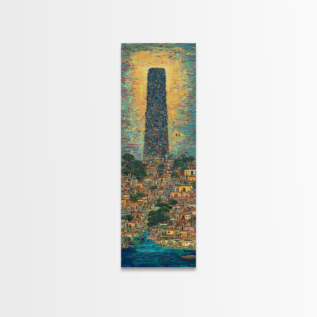 Monumental African Tower City Wall Art, Sunlit Waterfront Skyline, Modern African Art, Urban Statement Canvas Print, Decor