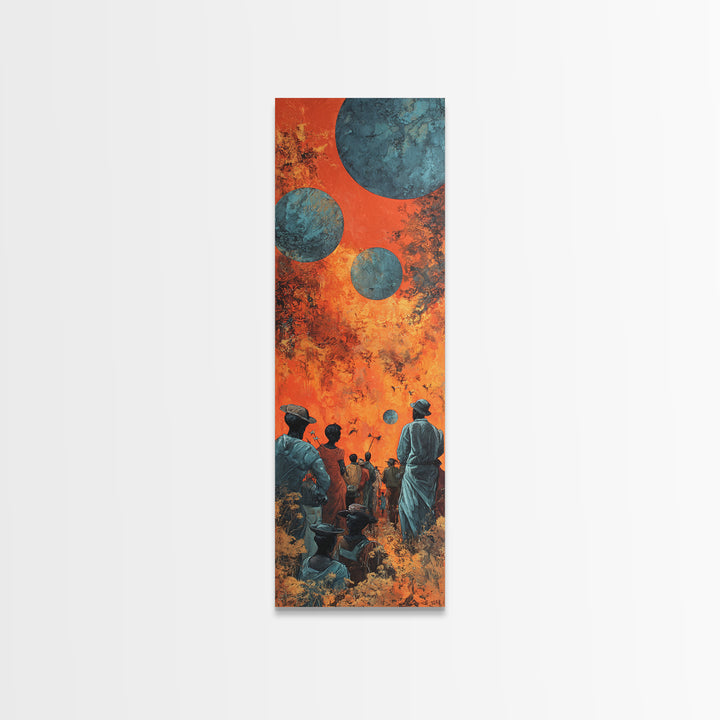 Surreal African Planet Gathering Wall Art, Orange Sky Blue Moons, Afrofuturism Decor, Spiritual Framed Canvas Print, Mystical Wall Decor