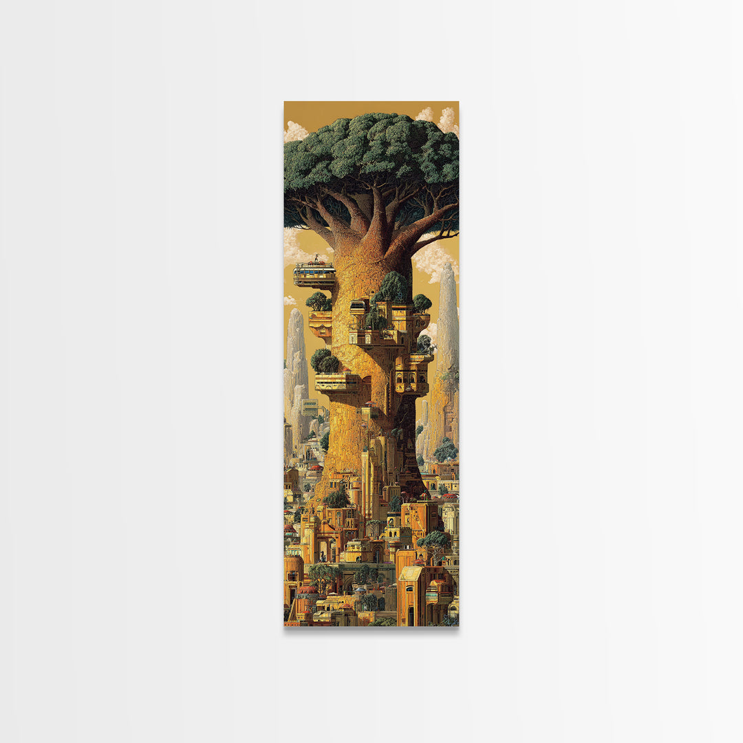 Giant African Tree City Wall Art, Afrofuturism Urban Landscape Canvas Print, Fantasy Architecture Decor, Nature Scene Gift