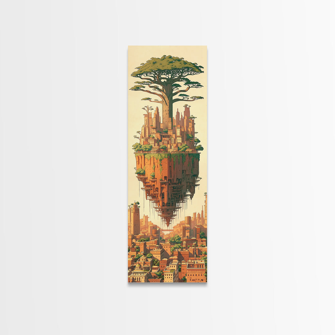Floating African Tree City Canvas Print, Baobab Fantasy Landscape Wall Art, Afrocentric Urban Decor, Modern Home Decor Gift