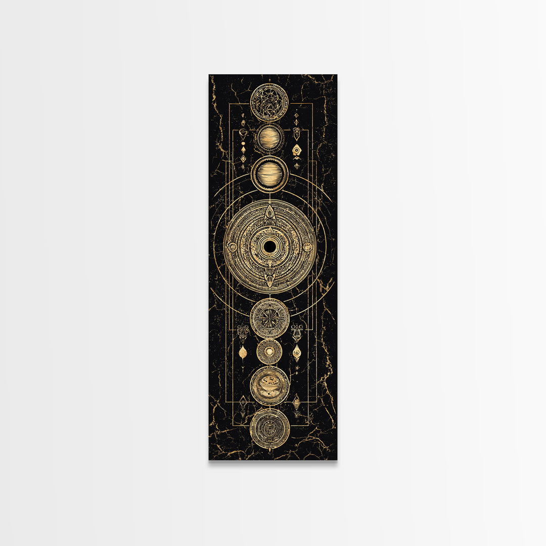 Gold Alchemy Planets And Sacred Circles Framed Canvas Print, Black And Gold Art, Mystical Wall Art, Luxury Canvas Art, Home Decor
