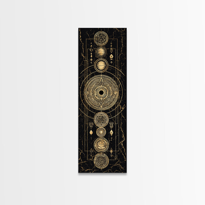 Gold Alchemy Planets And Sacred Circles Framed Canvas Print, Black And Gold Art, Mystical Wall Art, Luxury Canvas Art, Home Decor