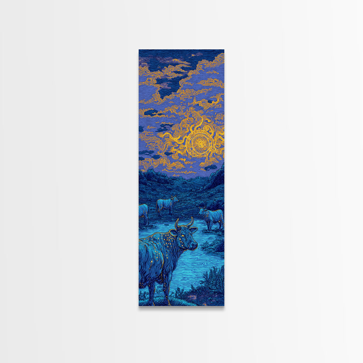 Blue Cow Under Orange Swirl Sky Canvas Print, Rustic Nature Scene Art, Animal Wall Art, Farmhouse Decor, Unique Wall Decor