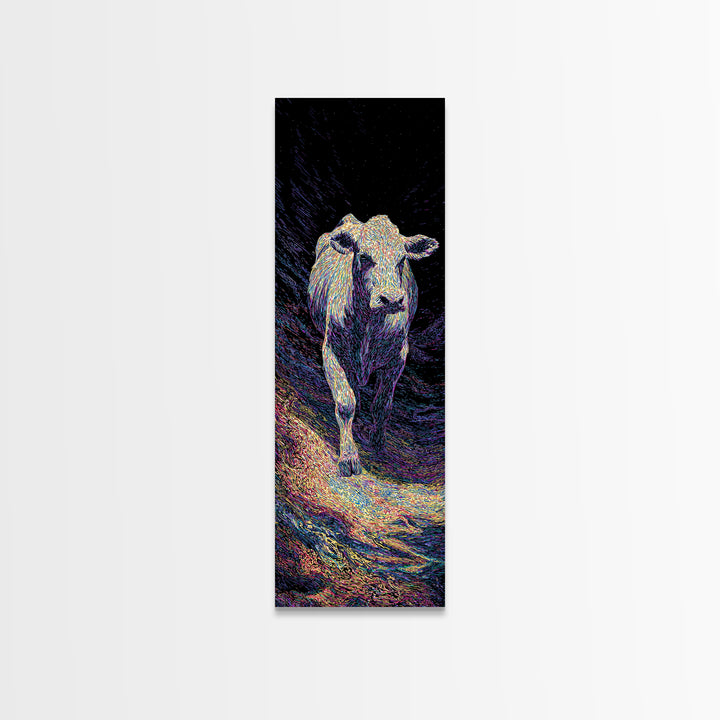 Single White Cow Portrait Wall Art, Dark Pasture Animal Painting, Rustic Decor, Nature Art, Unique Canvas Print, Home Decor