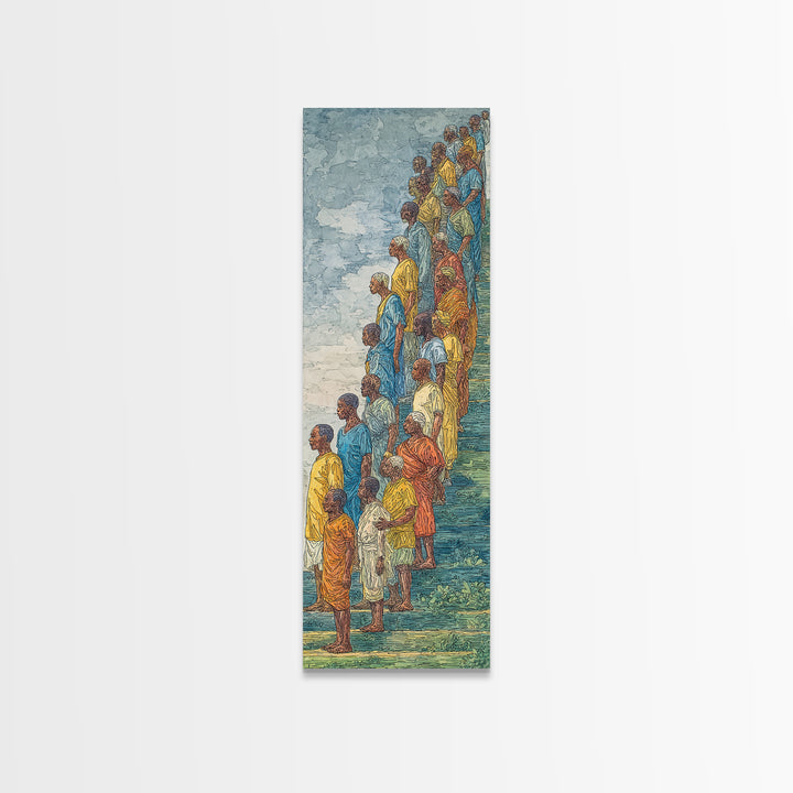 African Children In Colorful Stairway Procession Wall Art, Cultural Canvas Print, Black People Art, Vibrant Afrocentric Decor