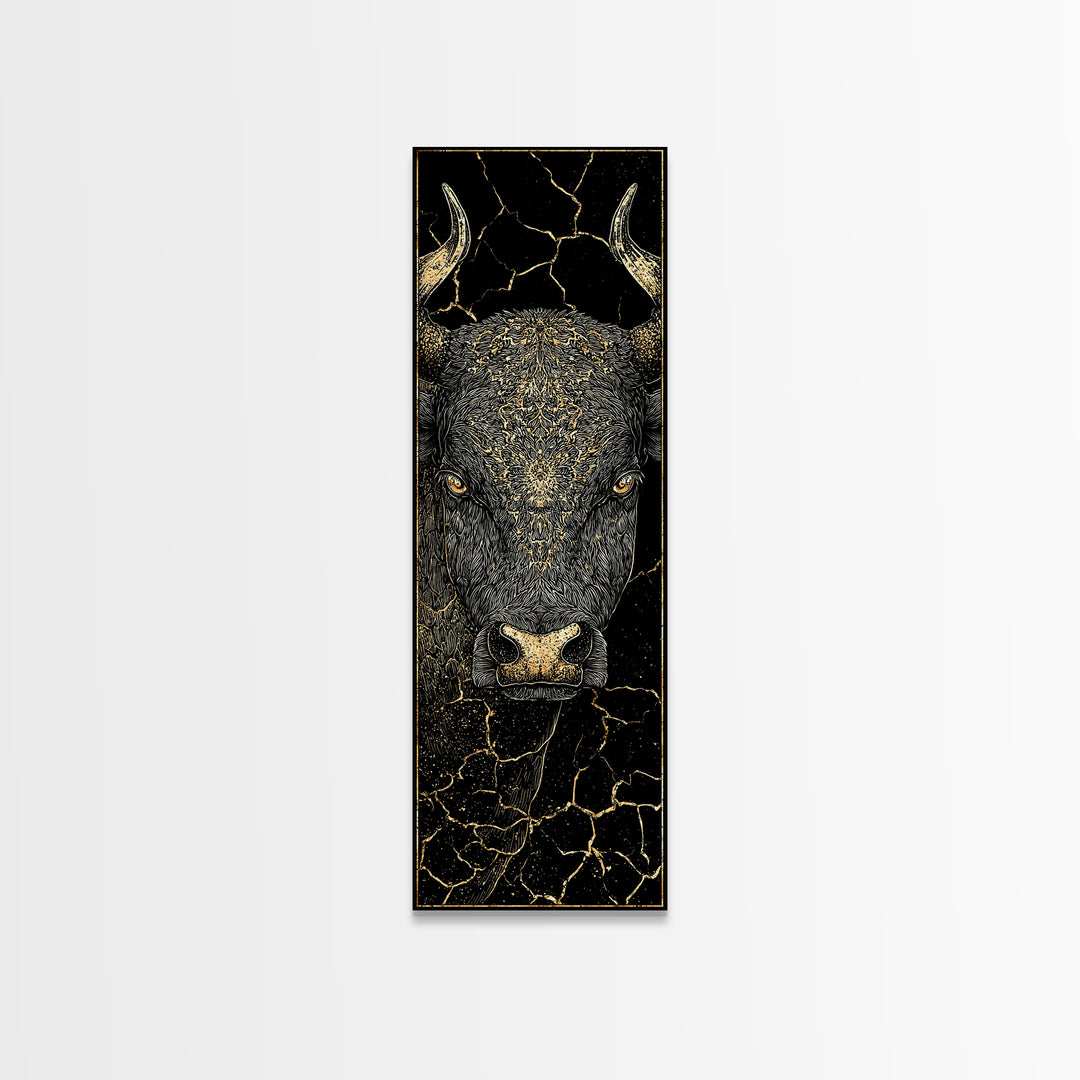 Black Bull Face With Gold Cracked Texture Canvas Print, Powerful Animal Wall Art, Black And Gold Art, Bold Home Decor, Statement Piece