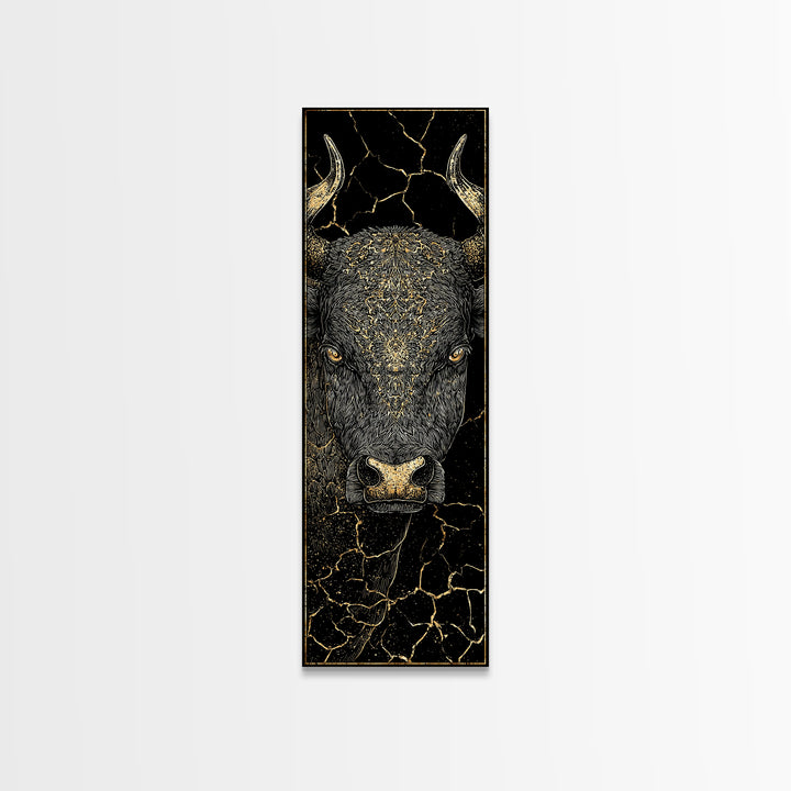 Black Bull Face With Gold Cracked Texture Canvas Print, Powerful Animal Wall Art, Black And Gold Art, Bold Home Decor, Statement Piece
