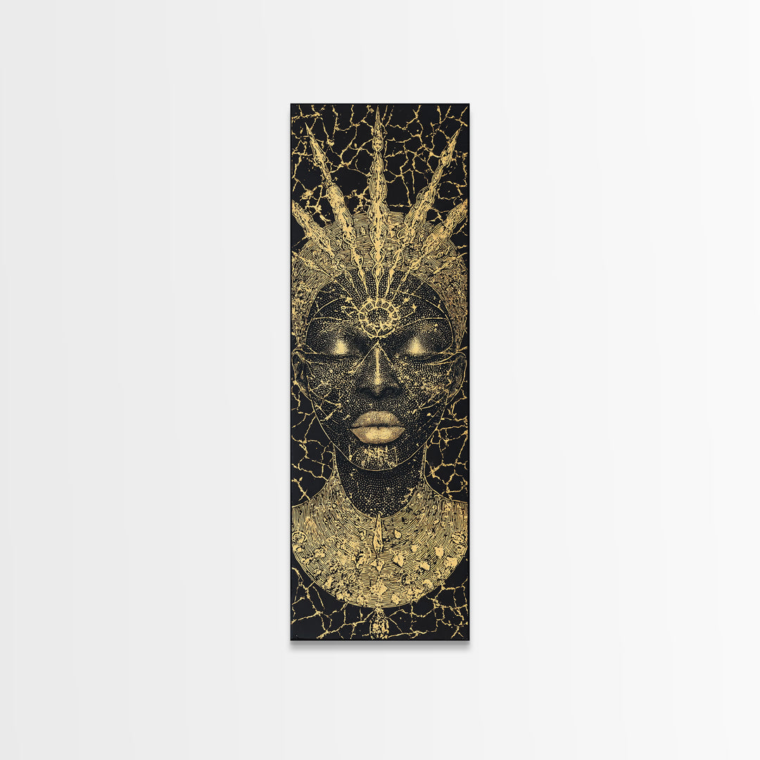Black Gold African Goddess Face Framed Canvas Print, Regal Afrocentric Wall Decor, Spiritual Portrait Art, Luxury Home Decor