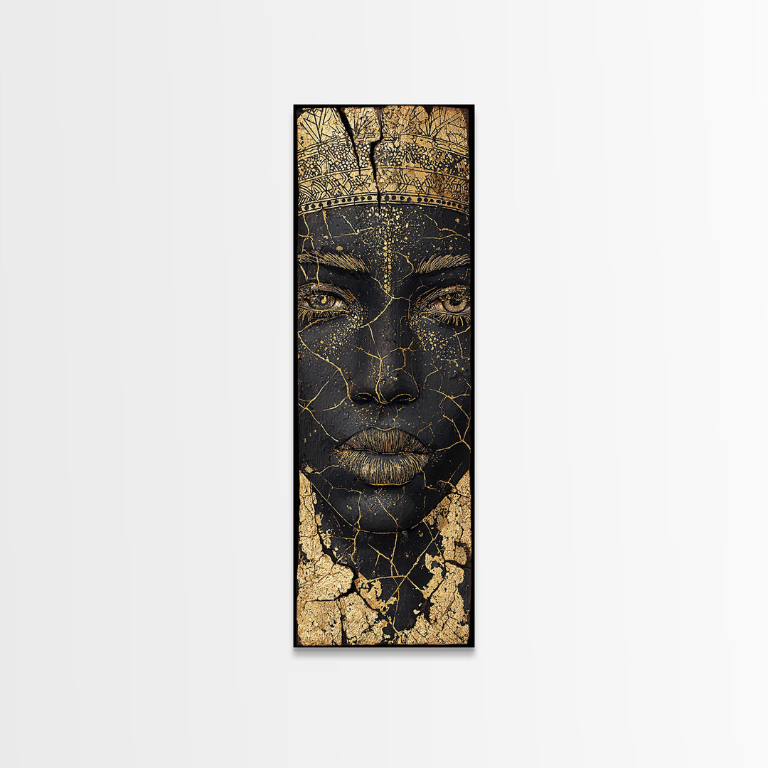 Cracked Gold African Woman Face Canvas Print, Black Queen Portrait Wall Decor, Elegant Afrocentric Art, Modern Cultural Gift