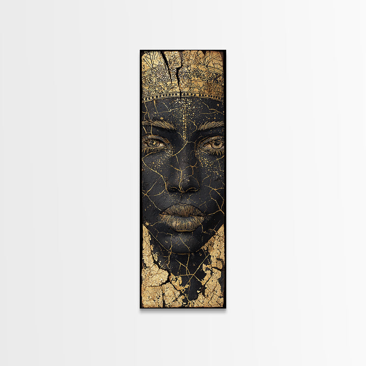 Cracked Gold African Woman Face Canvas Print, Black Queen Portrait Wall Decor, Elegant Afrocentric Art, Modern Cultural Gift