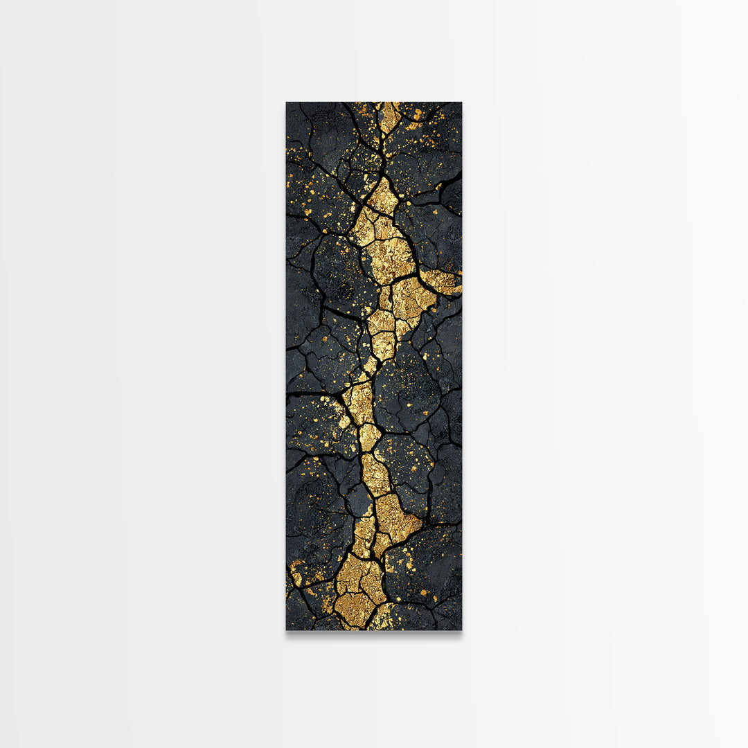 Gold Kintsugi Cracked Stone Abstract African Wall Art, Black And Gold Canvas Decor, Modern Tribal Texture, Luxury Home Decor