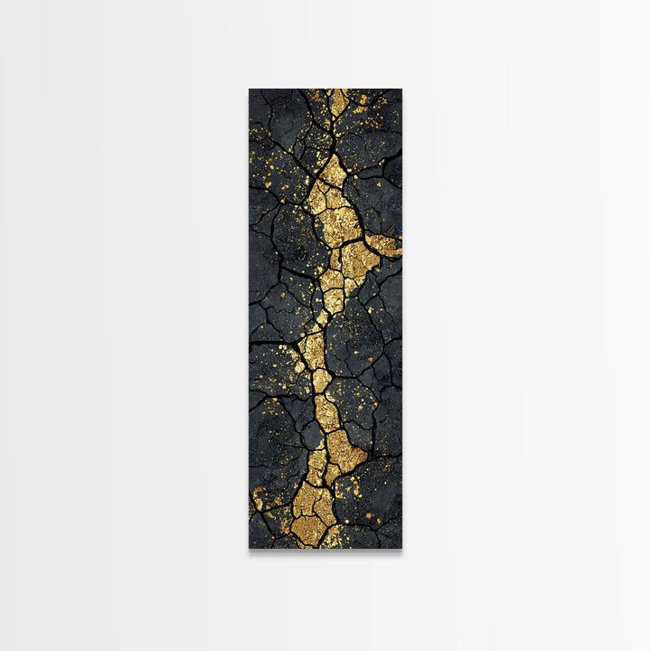 Gold Kintsugi Cracked Stone Abstract African Wall Art, Black And Gold Canvas Decor, Modern Tribal Texture, Luxury Home Decor
