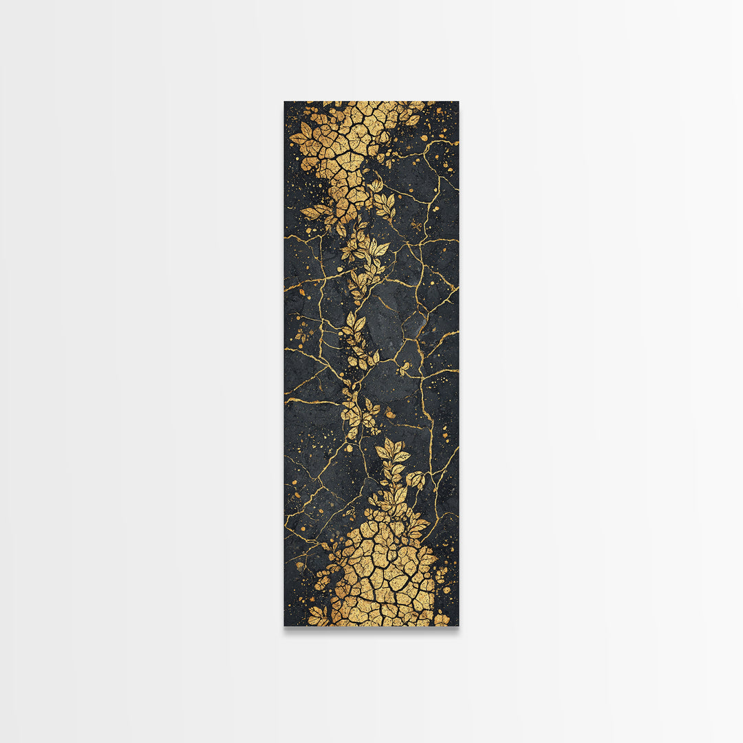 Gold Botanical Kintsugi Cracked Stone Wall Art, Black And Gold Floral Abstract, Luxury African Inspired Canvas Home Decor
