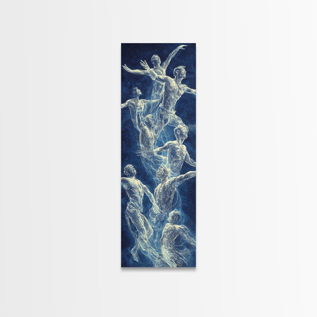 Blue White Ethereal Dancers Framed Canvas Print, Spiritual Figure Wall Art, Contemporary African Inspired Home Decor Gift