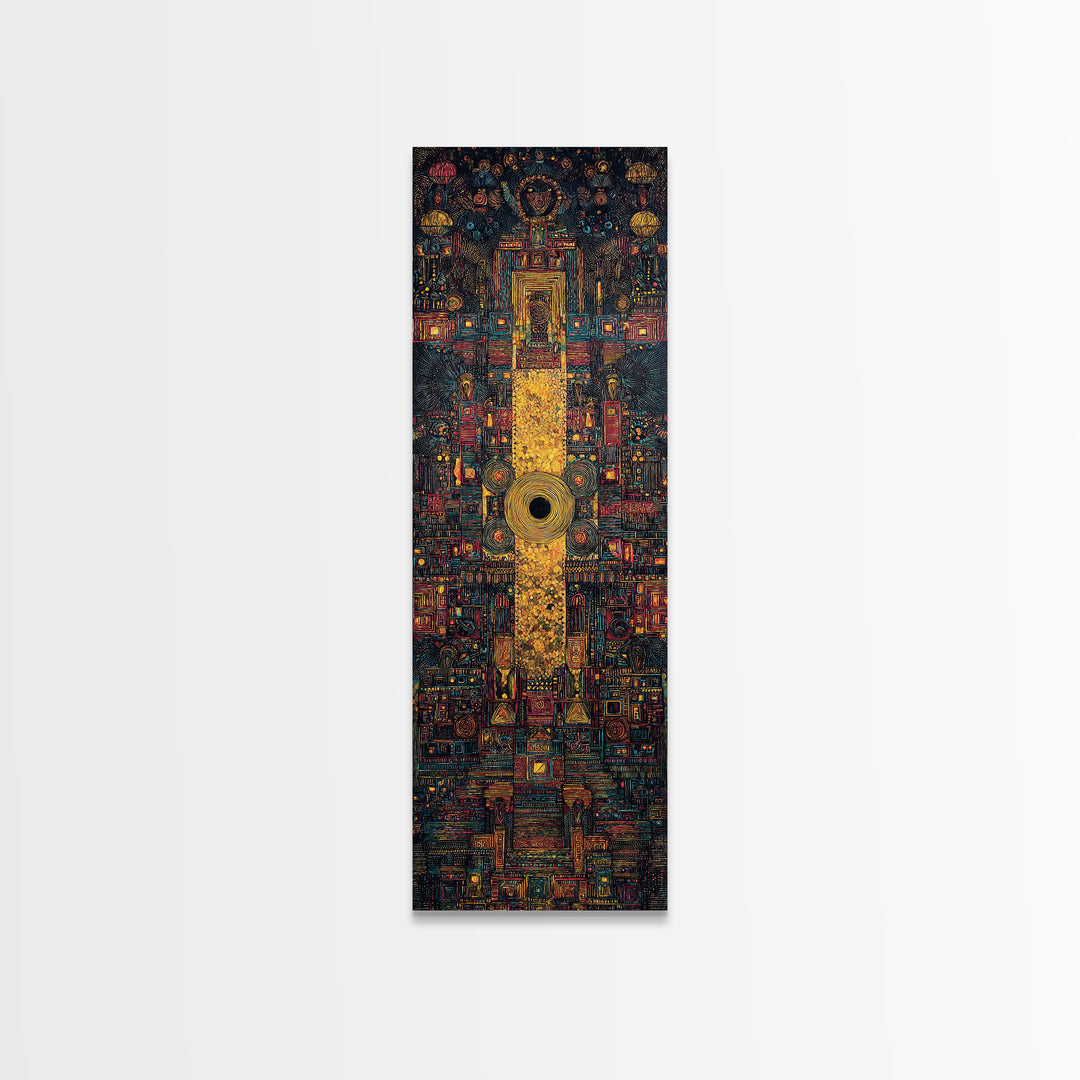 Golden Tribal Temple Abstraction Framed Canvas Print, African Inspired Wall Decor, Afrocentric Art, Bold Cultural Home Decor