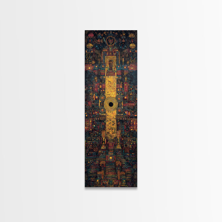 Golden Tribal Temple Abstraction Framed Canvas Print, African Inspired Wall Decor, Afrocentric Art, Bold Cultural Home Decor
