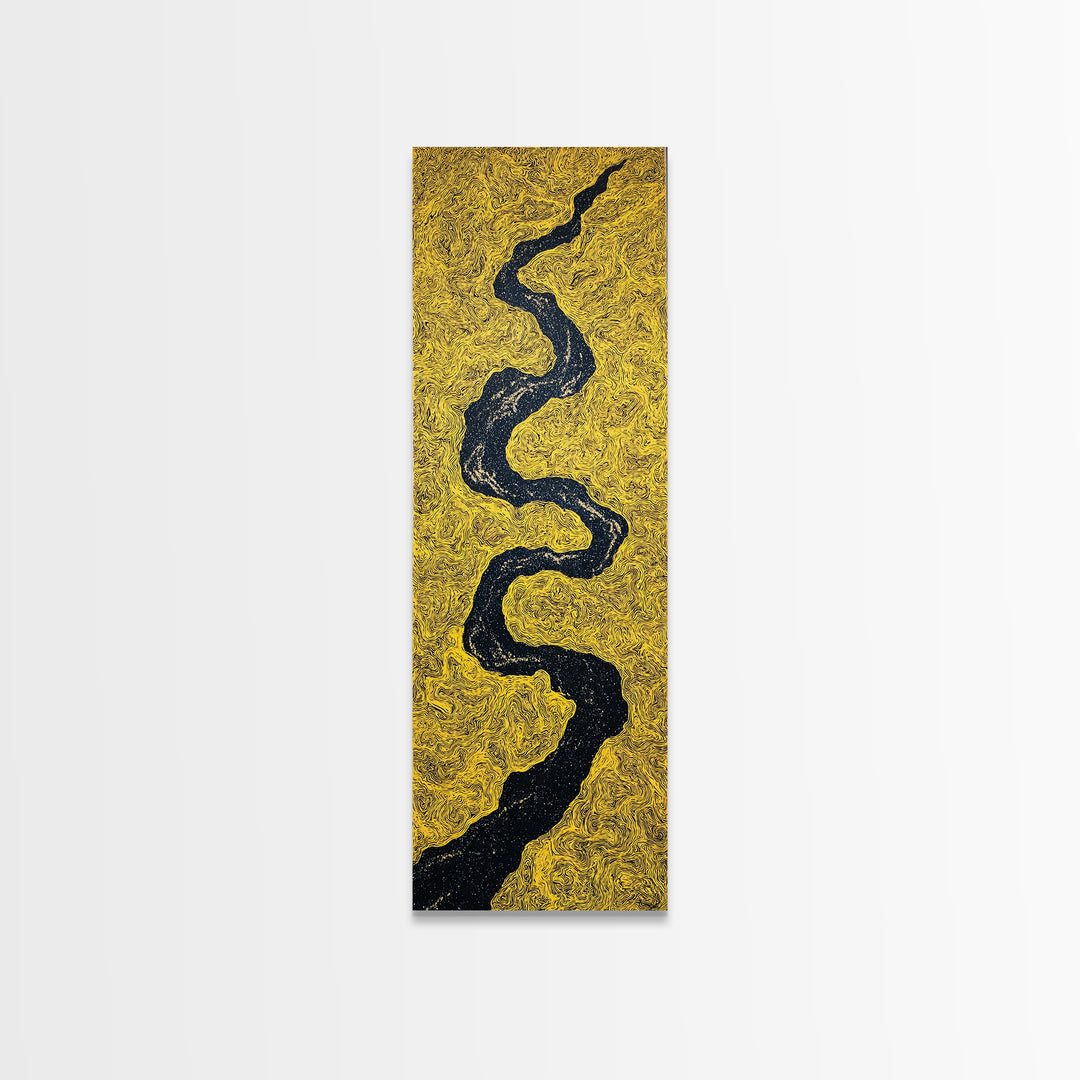 Black Winding River On Gold Texture Wall Art, Minimalist Abstract Landscape, Earth Tone Decor, Modern Canvas Gift For Living Room