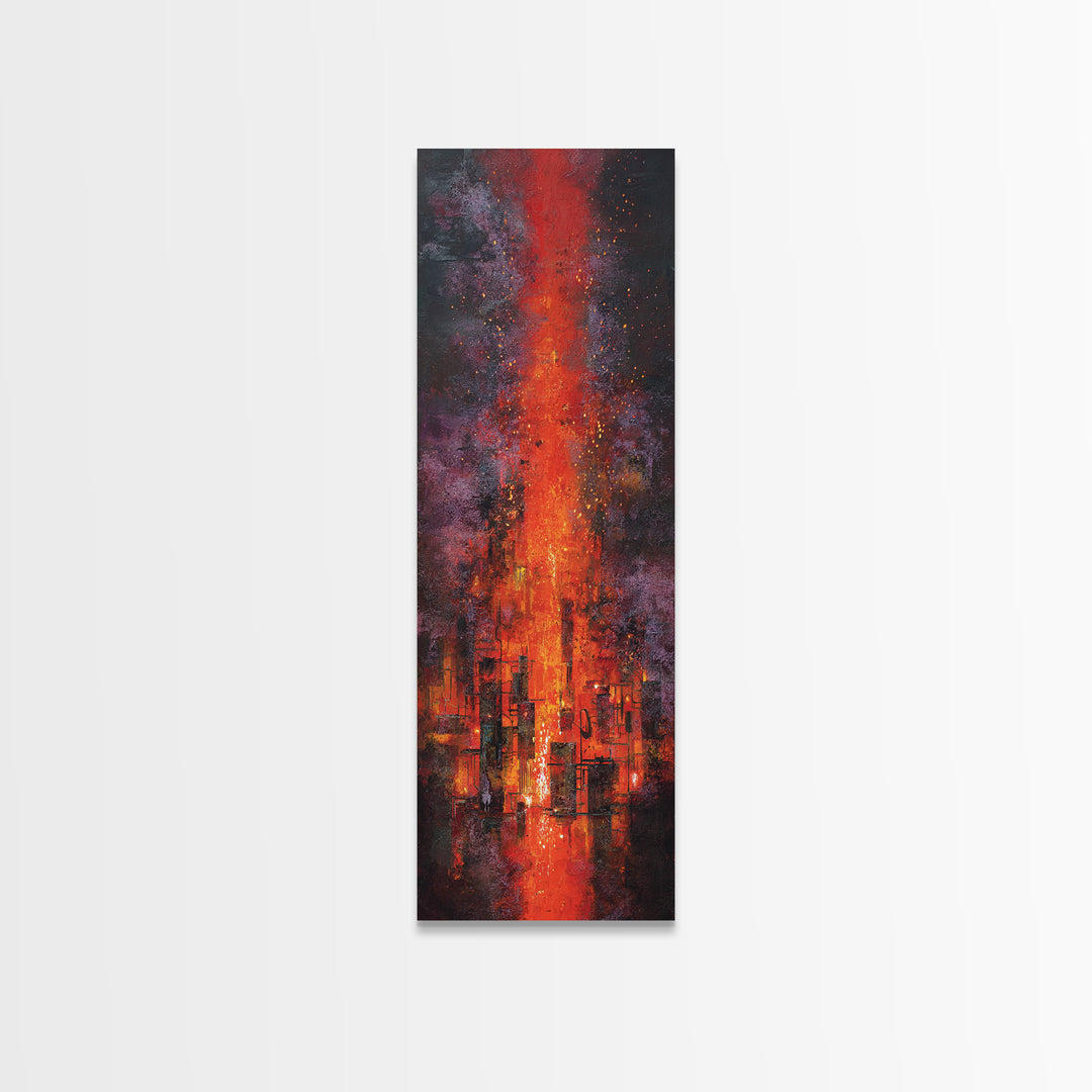 Burning Skyline With Volcanic Light Wall Art, Dark Red Abstract Canvas Print, Urban Wall Art, Modern Office Decor Gift For Him