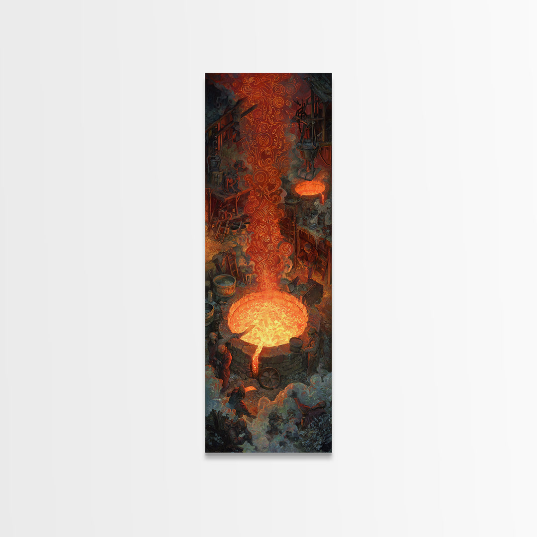 Molten Forge Workshop With Glowing Symbols Framed Canvas Print, Industrial Fantasy Wall Art, Orange Painting Home Decor Gift