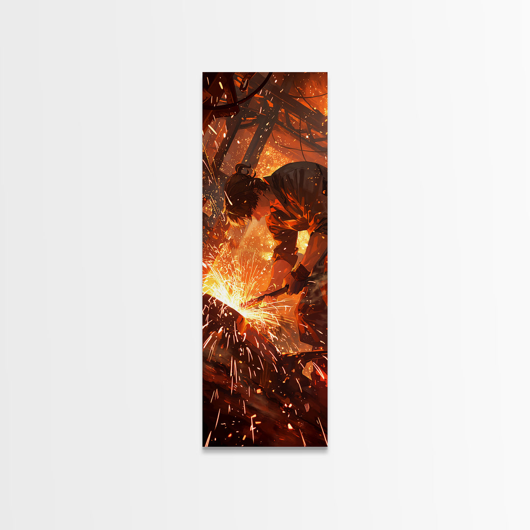 Welder In Shower Of Sparks Wall Art, Dramatic Orange Canvas Print, Industrial Workshop Art, Masculine Office Decor Gift For Him