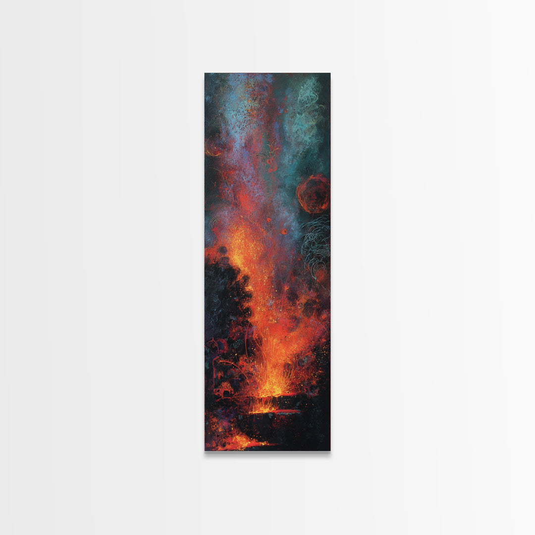 Cosmic Volcano Eruption Wall Art, Teal Red Orange Abstract Canvas Print, Dreamy Space Decor, Modern Large Wall Decor Gift